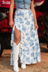 Boho Floral High Waist Ruffle Split Maxi Skirt